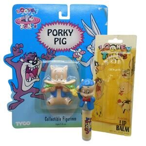 Vintage 1994 Porky Pig Lot: Looney Tunes Collectible Figure & Lip Balm